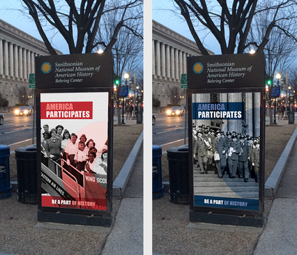 Side by side images of street pylons with black and white historical photos overlaid with red and blue circles that create dynamic motion.