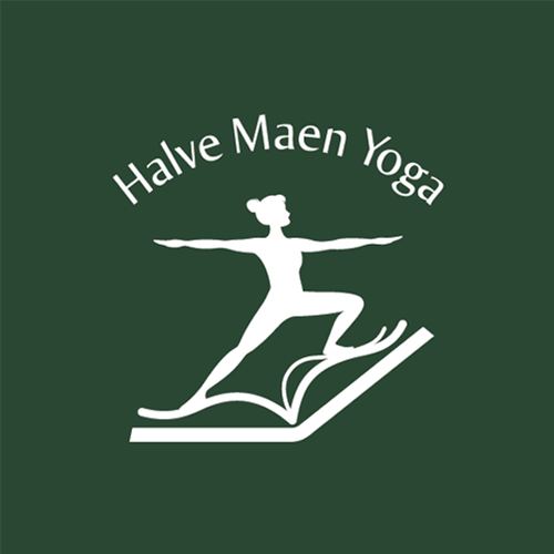 Dark green background with white silhouette of woman in Warrior Two yoga pose on an opened book, with the words Halve Maen Yoga arced across the top.