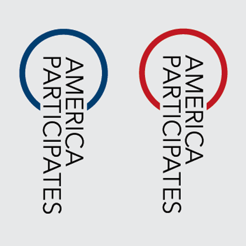 Image of two vertically oriented logos that say America Participates. Both have black type. One has a red symbol incorporated, the other has a blue symbol.