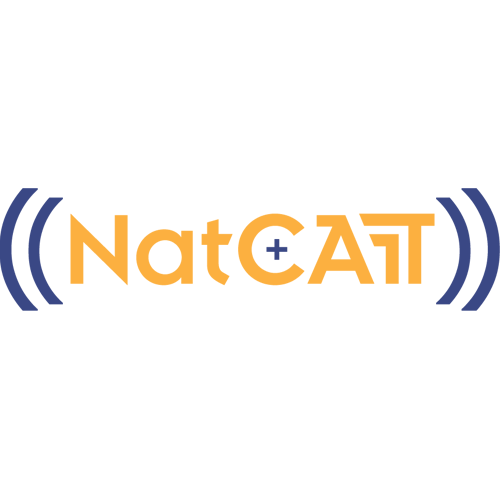 Image of the text logo for NatCATT in marigold, with two parenthesis on either side and a symbol in the middle in navy blue.