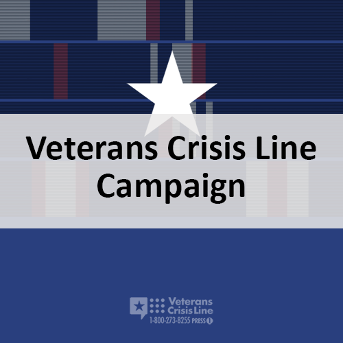 Image of a blue background behind several fictitious military ribbon bars, with a single white star in the foreground. At the bottom is the logo for the Veterans Crisis Line. The words 